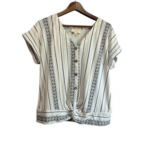 Flower & Feather Womens Striped Button Down Tie‎ Front Top Size L